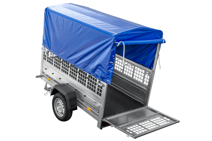 Eenassige aanhanger met kipper Unitrailer GARDEN TRAILER 200 KIPP met steunwiel, gaaswanden en H-800 frame met blauwe kap