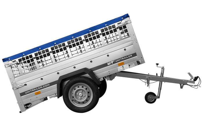Autoaanhangwagen op veren 200x125 UNITRAILER GARDEN 201/R KIPP met gaaswanden, H-0 frame en blauwe afdekking