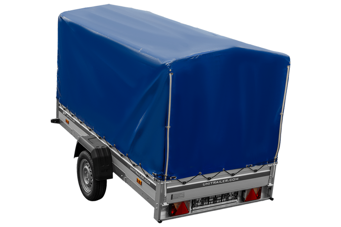 Autoaanhanger met aluminium zijwanden 264x125 Unitrailer Garden 264 KIPP ALU met H-1100 frame en blauwe afdekking