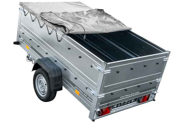 Eenassige aanhanger met een GARDEN TRAILER 230 KIPP met een steunwiel, twee zijkanten en een grijze vlakke kap