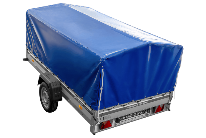 Enkelassige aanhanger met aluminium zijwanden 264x150 Unitrailer Garden 265 KIPP ALU met H-800 frame en blauwe afdekking