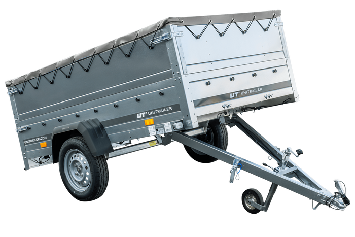 Eenassige aanhanger met een GARDEN TRAILER 230 KIPP met een steunwiel, twee zijkanten en een grijze vlakke kap