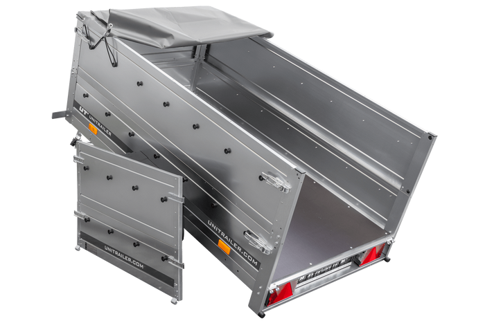 Aanhanger voor de Unitrailer GARDEN TRAILER 200 KIPP auto met steunwiel, twee zijkanten en een vlakke afdekking, grijs