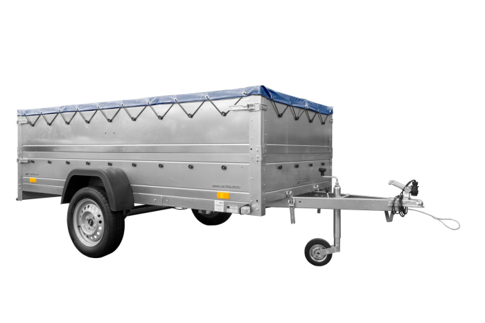 Enkelassige aanhangwagen op veren 264x125 UNITRAILER GARDEN 264/R KIPP met BIS zijwanden, H-0 frame en blauw dekzeil