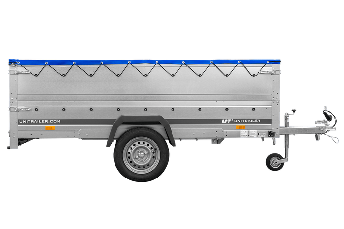 Enkelassige aanhangwagen op veren 264x125 UNITRAILER GARDEN 264/R KIPP met BIS zijwanden, H-0 frame en blauw dekzeil