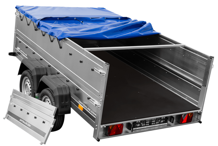 Tweeassige aanhanger 264x150 UNITRAILER GARDEN 265/2 KIPP met BIS-zijwanden, H-0 frame en blauwe afdekking