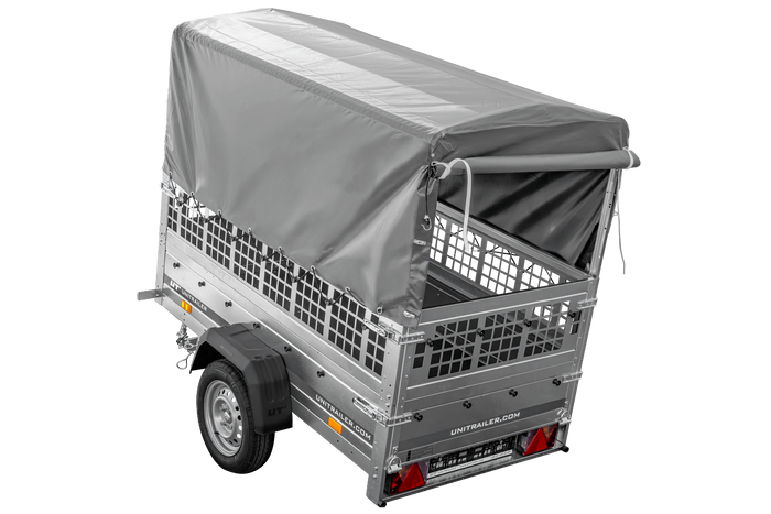 Autoaanhanger 200x106 UNITRAILER GARDEN 200 KIPP met gaaswanden, H-800 frame en grijze afdekking