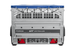 Enkelassige aanhanger 230x125 UNITRAILER FORCE 230 KIPP met gaaswanden, H-0 frame en blauwe afdekking.