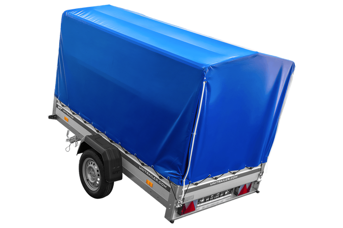 Autoaanhanger met aluminium zijwanden 230x125 Unitrailer Garden 230 KIPP ALU met H1100 frame en blauwe afdekking