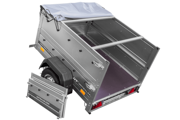 Unitrailer GARDEN TRAILER 150 KIPP met een steunwiel, twee zijkanten en een grijze platte afdekking op een frame