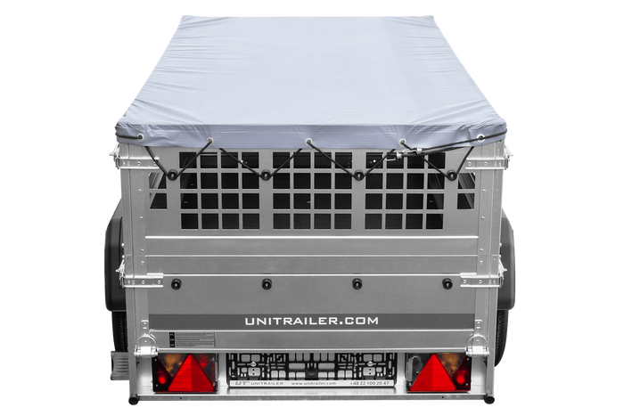 Enkelassige aanhanger 200x106 UNITRAILER GARDEN 200 KIPP met gaaswanden en grijs dekzeil