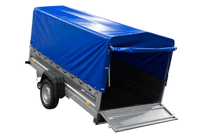Enkelassige aanhanger op veren 264x125 UNITRAILER FORCE 264/R KIPP met H-800 frame en blauwe afdekking
