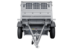 Kleine enkelassige aanhanger Unitrailer GARDEN TRAILER 150 KIPP met steunwiel, gaaswanden en een vlakke grijze kap