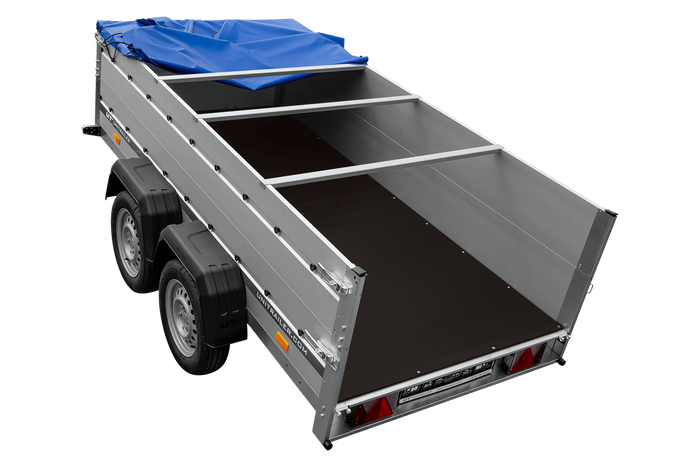 Tweeassige aanhanger met aluminium zijwanden 264x125 Unitrailer Garden 264/2 KIPP ALU met BIS-zijwanden, H-0 frame en blauwe afdekking