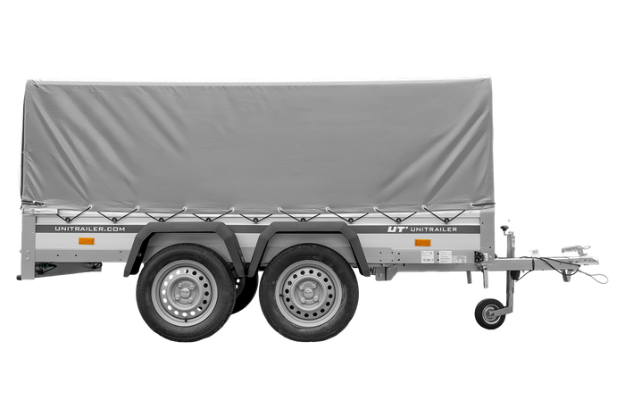 Tweeassige aanhanger met aluminium zijwanden 264x125 Unitrailer Garden 264/2 KIPP ALU met H-800 frame en grijze afdekking