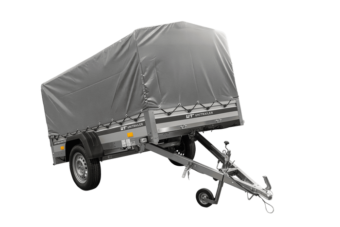 Enkelassige aanhanger met aluminium zijwanden 230x125 Unitrailer Garden 230 KIPP ALU met H-800 frame en grijze afdekking