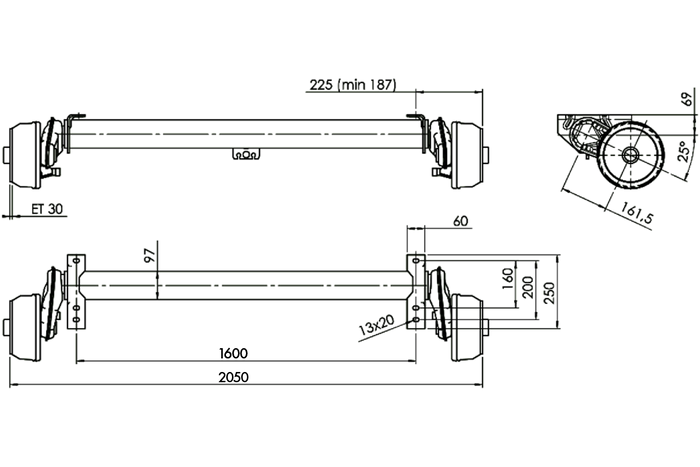 AL-KO COMPACT geremde as voor 1500kg aanhanger/takelwagen 1600mm 2050mm 5x112