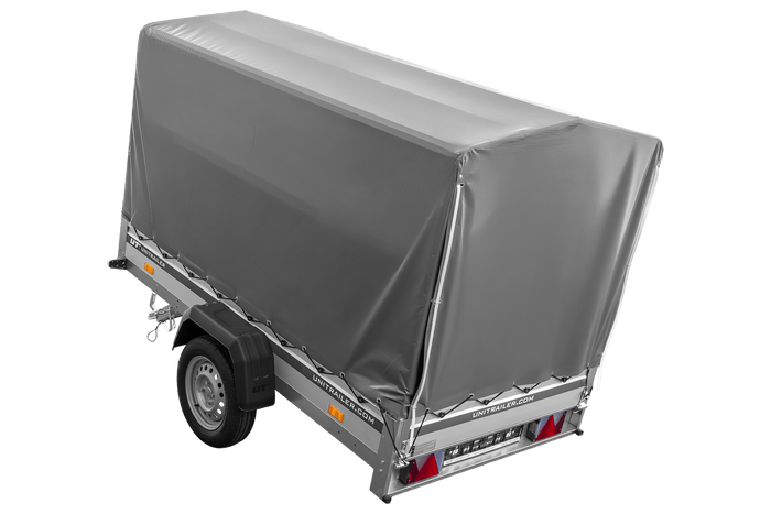 Autoaanhanger met aluminium zijwanden 230x125 Unitrailer Garden 230 KIPP ALU met H1100 frame en grijze afdekking