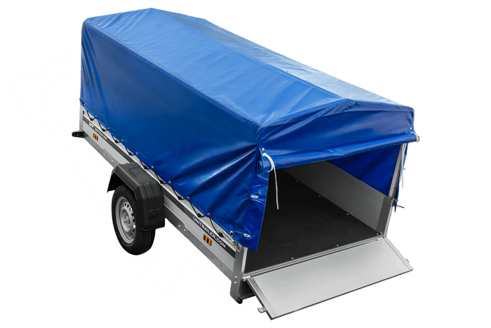 Enkelassige aanhanger met aluminium zijwanden 264x125 Unitrailer Garden 264 KIPP ALU met H-800 frame en blauwe afdekking