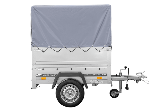 Enkelassige aanhanger 150x106 UNITRAILER GARDEN 150 KIPP met BIS-zijwanden, H-800 frame en grijze afdekking