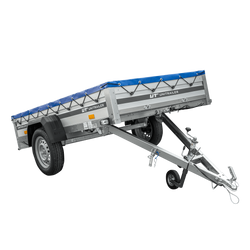 Enkelassige aanhanger met aluminium zijwanden 230x125 Unitrailer Garden 230 KIPP ALU met H-0 frame en blauwe afdekking