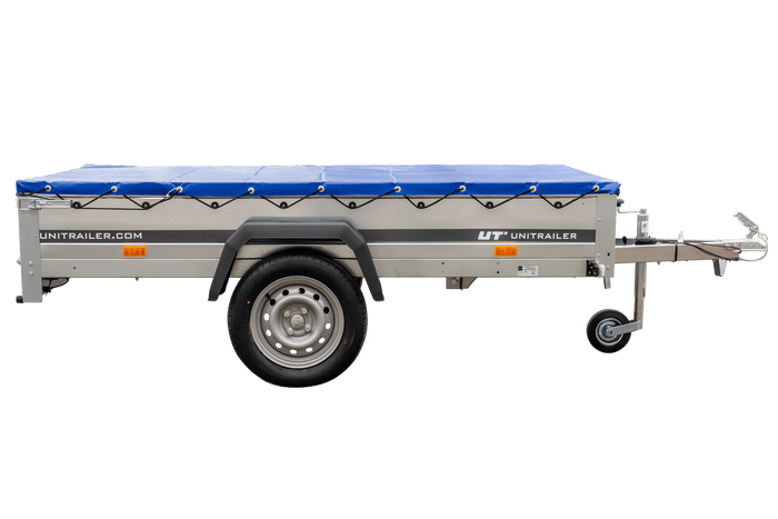 Garden trailer 230 kipp met steunwiel en platte blauwe afdekking