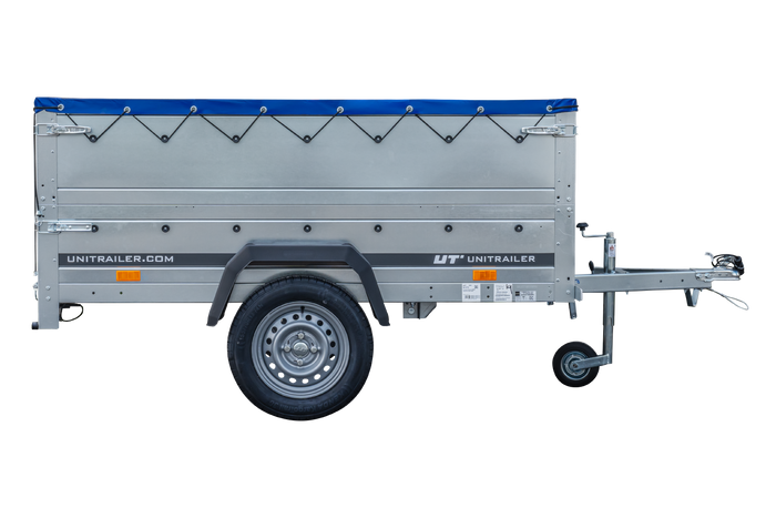 Enkelassige aanhanger 200x106 UNITRAILER GARDEN 200 KIPP met BIS-zijwanden en blauw dekzeil