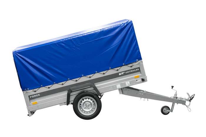Autotransportaanhanger op veren 230x125 UNITRAILER FORCE 230/R KIPP met H-800 frame en blauwe afdekking