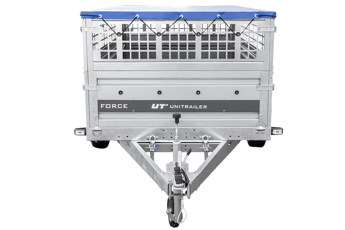 Enkelassige aanhanger 264x125 UNITRAILER FORCE 264 KIPP met gaaswanden, H-0 frame en blauwe afdekking.