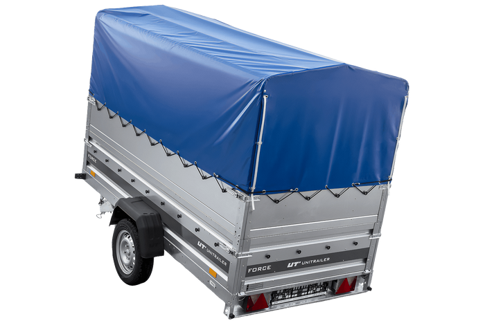 Autotransporter 264x125 UNITRAILER FORCE 264 KIPP met BIS-zijwanden, H-800 frame en blauwe afdekking