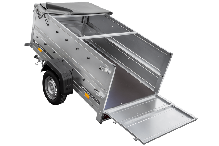 Enkelassige aanhanger 200x106 UNITRAILER GARDEN 200 KIPP met BIS-zijwanden, H-0 frame en grijze afdekking