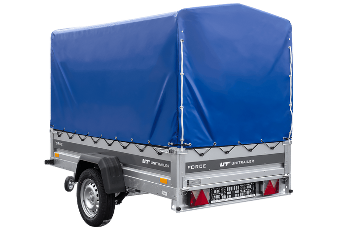 Autotransportaanhanger op veren 230x125 UNITRAILER FORCE 230/R KIPP met H-1100 frame en blauwe hoes