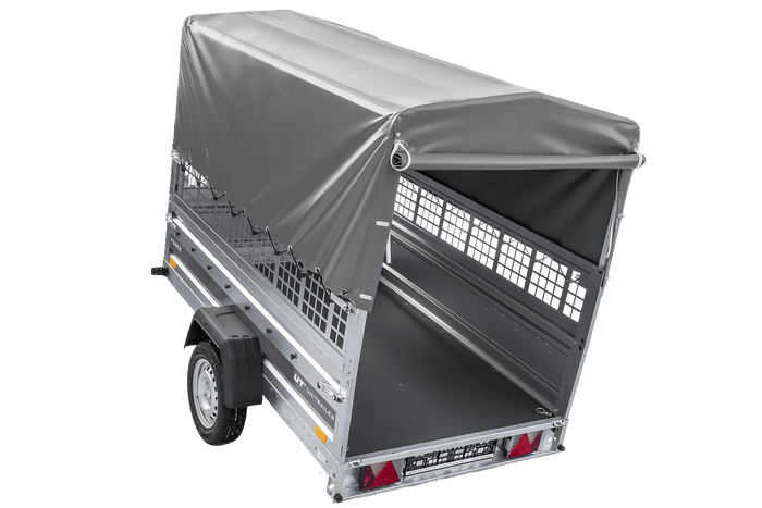 Enkelassige aanhanger 230x125 UNITRAILER FORCE 230 KIPP met gaaswanden, H-800 frame en grijze afdekking.