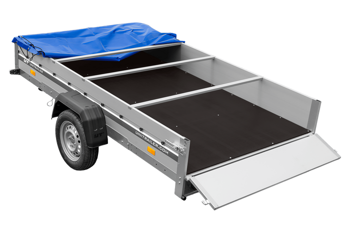 Autoaanhanger met aluminium zijwanden 264x150 Unitrailer Garden 265 KIPP ALU met H-0 frame en blauwe afdekking