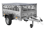 Enkelassige aanhanger 200x106 UNITRAILER GARDEN 200 KIPP met gaaswanden en grijs dekzeil