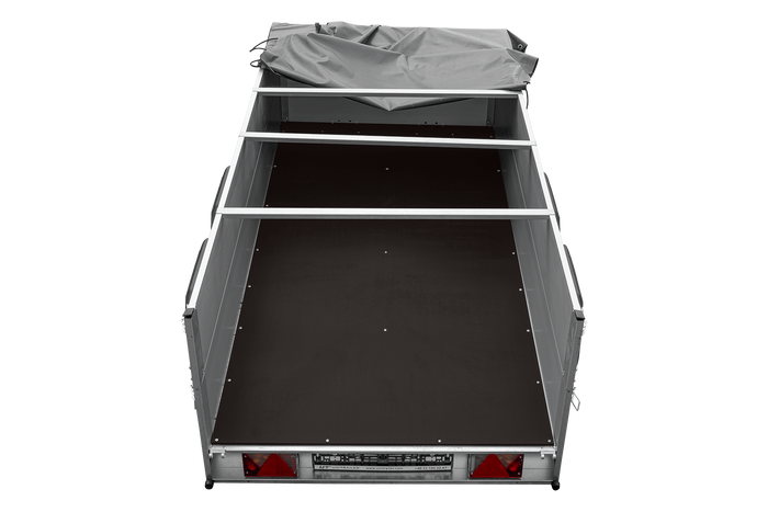 Tweeassige aanhanger met aluminium zijwanden 264x125 Unitrailer Garden 264/2 KIPP ALU met BIS-zijwanden, H-0 frame en grijze afdekking