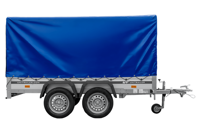 Tweeassige aanhanger met aluminium zijwanden 264x125 Unitrailer Garden 264/2 KIPP ALU met frame H-1100 en blauwe afdekking