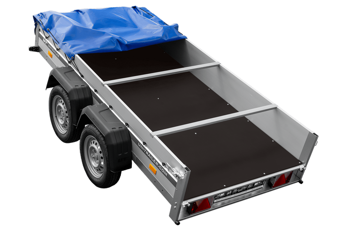 Tweeassige aanhanger met aluminium zijwanden 264x125 Unitrailer Garden 264/2 KIPP ALU met H-0 frame en blauwe afdekking