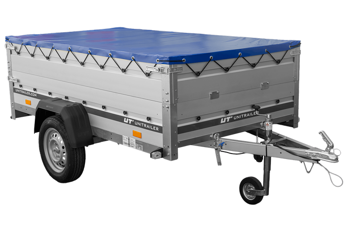 Enkelassige aanhanger met aluminium zijwanden 230x125 Unitrailer Garden 230 KIPP ALU met BIS-zijwanden, H-0 frame en blauwe afdekking