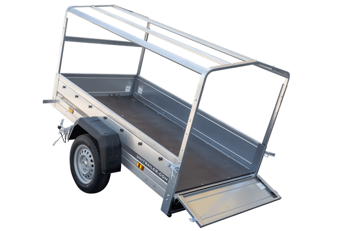 Enkelassige aanhanger 200x106 UNITRAILER GARDEN 200 KIPP met H-800 frame en blauw dekzeil