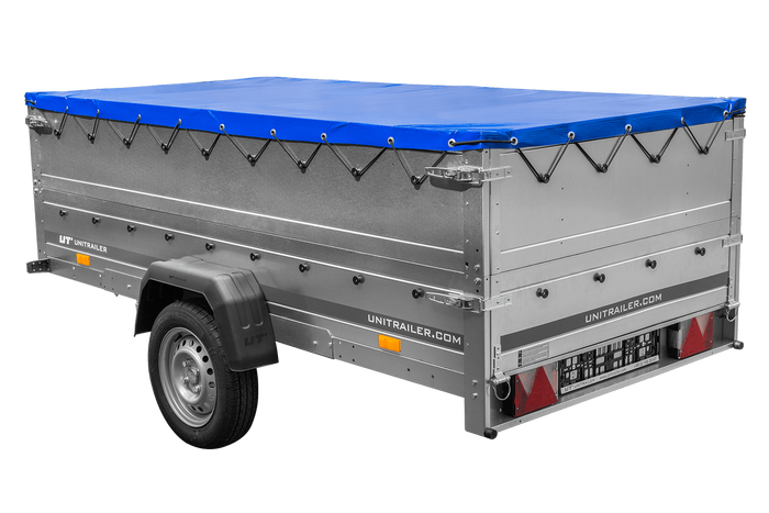 Enkelassige aanhangwagen op veren 264x125 UNITRAILER GARDEN 264/R KIPP met BIS zijwanden, H-0 frame en blauw dekzeil