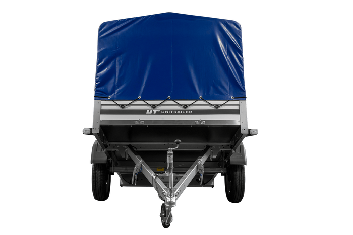 Enkelassige aanhanger met aluminium zijwanden 230x125 Unitrailer Garden 230 KIPP ALU met H-800 frame en blauwe afdekking