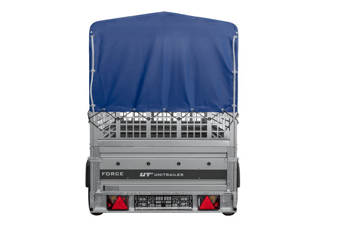 Autotransportaanhanger 264x125 UNITRAILER FORCE 264 KIPP met gaaswanden, H-800 frame en blauwe hoes