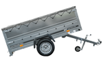 Eenassige aanhanger met een GARDEN TRAILER 230 KIPP met een steunwiel, twee zijkanten en een grijze vlakke kap