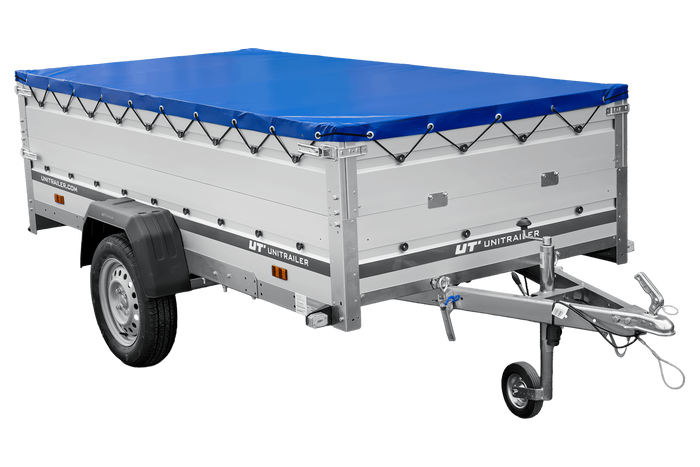 Enkelassige aanhanger met aluminium zijwanden 264x125 Unitrailer Garden 264 KIPP ALU met BIS-zijwanden, H-0 frame en blauwe afdekking