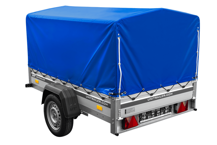Autoaanhanger op veren met aluminium zijwanden 200x125 Unitrailer Garden 201/R KIPP ALU met H-800 frame en blauwe afdekking