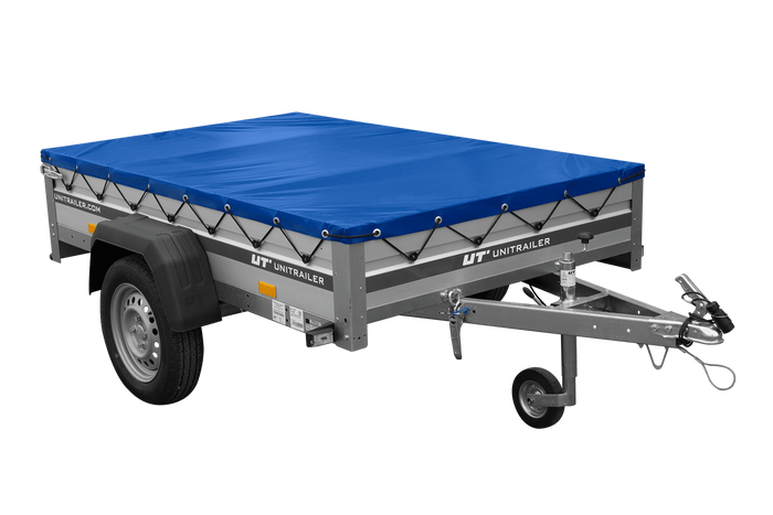 Enkelassige aanhanger met aluminium zijwanden 200x125 Unitrailer Garden 201 KIPP ALU met H-0 frame en blauwe afdekking