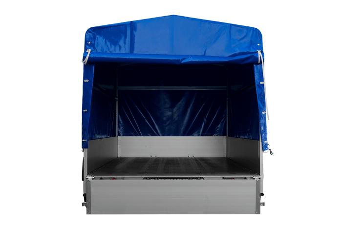 Autoaanhanger met aluminium zijwanden 264x150 Unitrailer Garden 265 KIPP ALU met H-1100 frame en blauwe afdekking