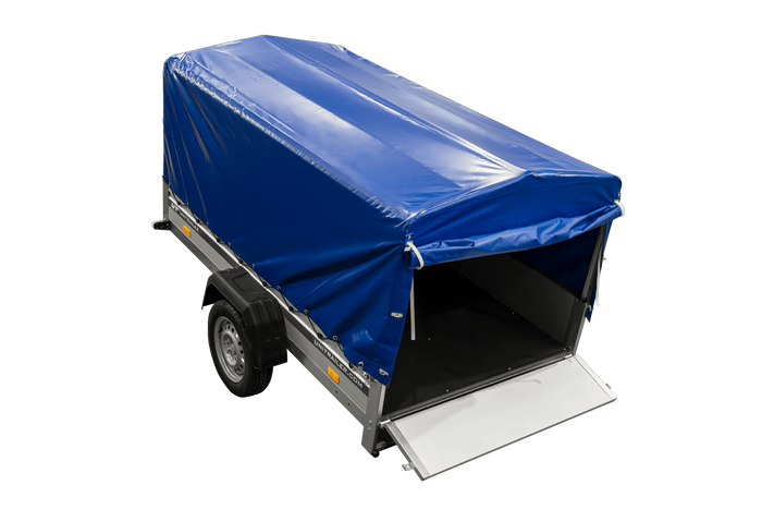 Enkelassige aanhanger met aluminium zijwanden 230x125 Unitrailer Garden 230 KIPP ALU met H-800 frame en blauwe afdekking