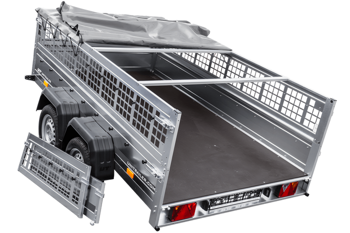 Lichte aanhanger 264x150 UNITRAILER GARDEN 265/2 KIPP met gaaswanden, H-0 frame en grijze afdekking